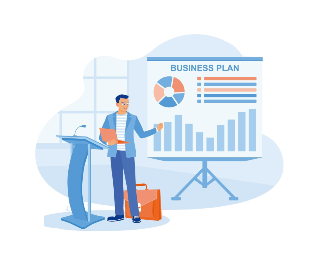 businessman making business plan presentation office displaying business plan board business plan concept flat vector illustration