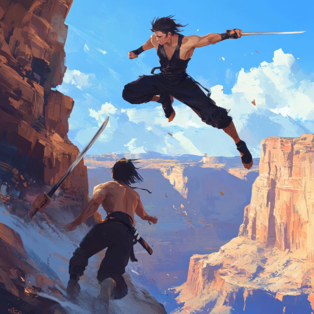 fantasy scene warrior with sword front canyon