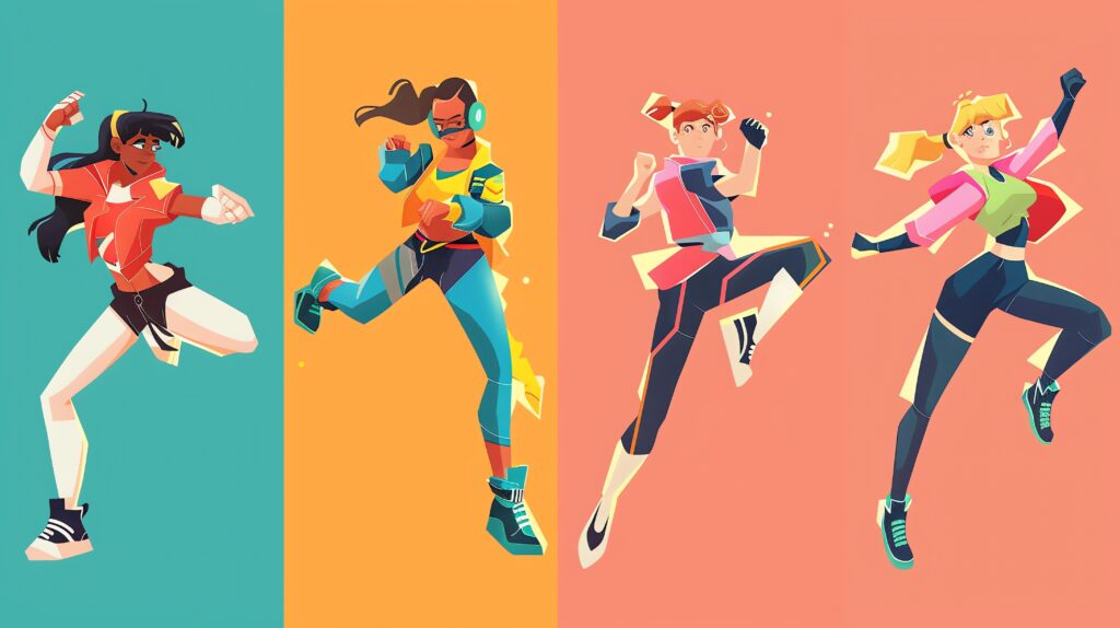 four energetic girls colorful outfits are leaping posing with powerful stances